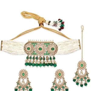 Artificial Jewellery toned Reverse AD & Green Beaded Jewellery Set