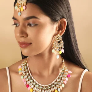 Artificial Jewellery Plated Polki Studded Multicolour Beaded Jewellery Set
